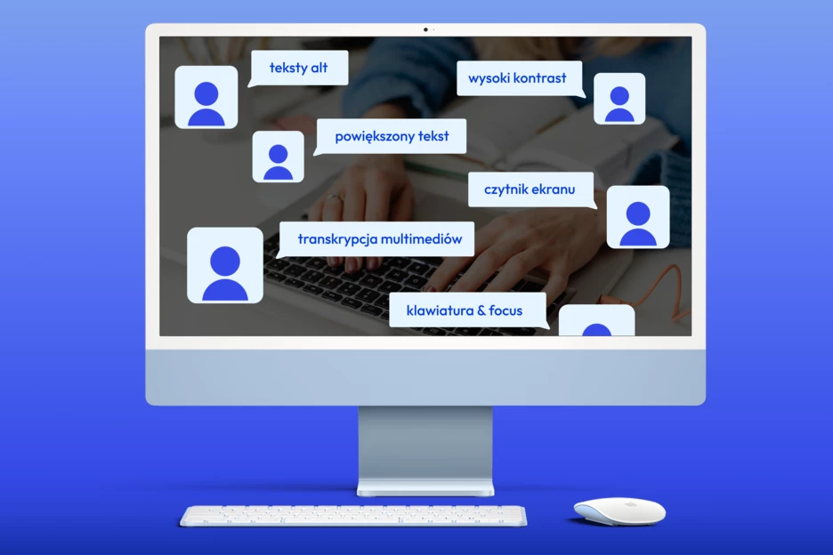 Monitor z klawiaturą i myszką. Na ekranie monitora wyświetlają się ikony użytkowników z dymkami czatu, a w nich hasła związane z dostępnością: teksty alt, wysoki kontrast, powiększony tekst, czytnik ekranu, transkrypcja multimediów oraz klawiatura i focus.